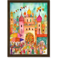 Artery8 Islam Eid Al-Fitr Feast Folk Art Watercolour Painting Artwork Framed Wall Art Print A4 in Brown