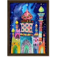 Artery8 Mosque At Midnight Folk Art Artwork Framed Wall Art Print A4 in Brown
