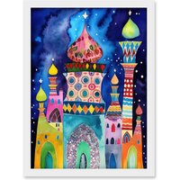 Artery8 Mosque At Midnight Folk Art Artwork Framed Wall Art Print A4 in White