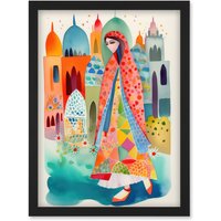 Artery8 Hijab Muslim Woman with Buildings Folk Art Artwork Framed Wall Art Print A4 in Black