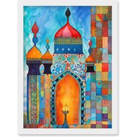 Artery8 Abstract Islamic Mosque Entrance Prayer Folk Art Artwork Framed Wall Art Print A4 in White