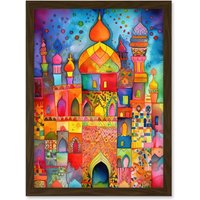 Artery8 Eid Dates Mosque Temple Folk Art Watercolour Painting Artwork Framed Wall Art Print A4 in Brown