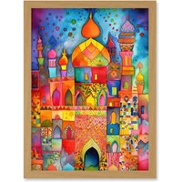 Artery8 Eid Dates Mosque Temple Folk Art Watercolour Painting Artwork Framed Wall Art Print A4 in Light Oak