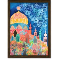 Artery8 Islamic Mosque At Night Folk Art Watercolour Painting Artwork Framed Wall Art Print A4 in Brown