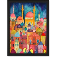 Artery8 Hagia Sophia Evening Cityscape Folk Art Watercolour Painting Artwork Framed Wall Art Print A4 in Black