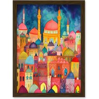 Artery8 Hagia Sophia Evening Cityscape Folk Art Watercolour Painting Artwork Framed Wall Art Print A4 in Brown