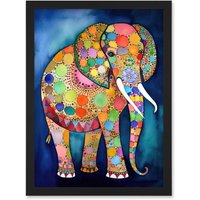 Artery8 Elephant With Patterns Folk Art Watercolour Painting Artwork Framed Wall Art Print A4 in Black