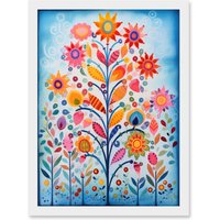 Artery8 Blooming Flowering Plant Pattern Folk Art Watercolour Painting Artwork Framed Wall Art Print A4 in White