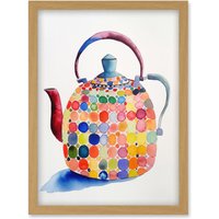 Artery8 Colourful Enamelled Teapot Tea Kettle Folk Art Watercolour Painting Artwork Framed Wall Art Print A4 in Light Oak