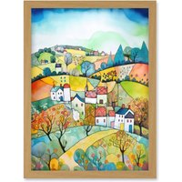 Artery8 English Country Rural Landscape Folk Art Watercolour Painting Artwork Framed Wall Art Print A4 in Light Oak