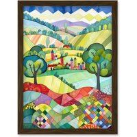 Artery8 English Countryside Rural Landscape Folk Art Watercolour Painting Artwork Framed Wall Art Print A4 in Brown
