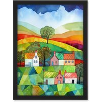 Artery8 Rural Landscape Rainbow Countryside Folk Art Watercolour Painting Artwork Framed Wall Art Print A4 in Black