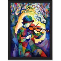 Artery8 Fiddle Player In Forest Folk Art Watercolour Painting Artwork Framed Wall Art Print A4 in Black