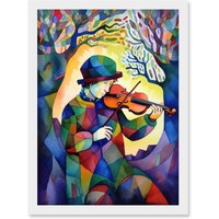 Artery8 Fiddle Player In Forest Folk Art Watercolour Painting Artwork Framed Wall Art Print A4 in White