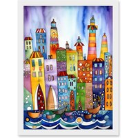 Artery8 Canal Area Folk Art Watercolour Painting Artwork Framed Wall Art Print A4 in White