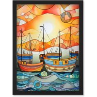 Artery8 Fishing Boats At Sunrise Folk Art Watercolour Painting Artwork Framed Wall Art Print A4 in Black