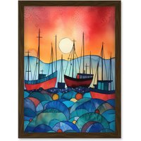 Artery8 Fishing Boats At Sunset Folk Art Watercolour Painting Artwork Framed Wall Art Print A4 in Brown