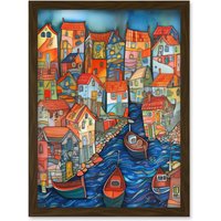 Artery8 Fishing Village Canal Folk Art Watercolour Painting Artwork Framed Wall Art Print A4 in Brown