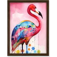 Artery8 Flamingo Bird Folk Art Watercolour Painting Artwork Framed Wall Art Print A4 in Brown