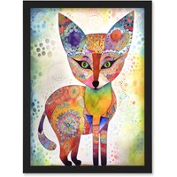 Artery8 Fox Folk Art Watercolour Painting Artwork Framed Wall Art Print A4 in Black
