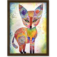 Artery8 Fox Folk Art Watercolour Painting Artwork Framed Wall Art Print A4 in Brown
