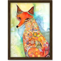 Artery8 Sitting Fox Folk Art Watercolour Painting Artwork Framed Wall Art Print A4 in Brown