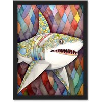 Artery8 Great White Shark Folk Art Watercolour Painting Artwork Framed Wall Art Print A4 in Black
