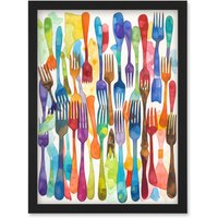 Artery8 Cutlery Pattern Multicoloured Forks Watercolour Painting Artwork Framed Wall Art Print A4 in Black