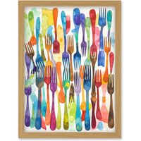 Artery8 Cutlery Pattern Multicoloured Forks Watercolour Painting Artwork Framed Wall Art Print A4 in Light Oak