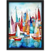 Artery8 Harbour Boats Abstract Folk Art Watercolour Painting Artwork Framed Wall Art Print A4 in Black