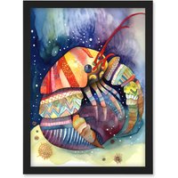 Artery8 Hermit Crab Folk Art Watercolour Painting Artwork Framed Wall Art Print A4 in Black