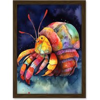 Artery8 Hermit Crab Vibrant Folk Art Watercolour Painting Artwork Framed Wall Art Print A4 in Brown