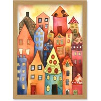 Artery8 Colourful Townscape Folk Art Watercolour Painting Artwork Framed Wall Art Print A4 in Light Oak