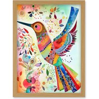 Artery8 Hummingbird With Multicolour Pattern Feathers Folk Art Watercolour Painting Artwork Framed Wall Art Print A4 in Light Oak