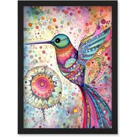 Artery8 Hummingbird With Mandala Patterns Colourful Folk Art Watercolour Painting Artwork Framed Wall Art Print A4 in Black