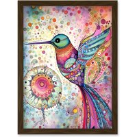 Artery8 Hummingbird With Mandala Patterns Colourful Folk Art Watercolour Painting Artwork Framed Wall Art Print A4 in Brown