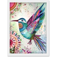 Artery8 Hummingbird With Multicolour Mandala Patterns Folk Art Watercolour Painting Artwork Framed Wall Art Print A4 in White
