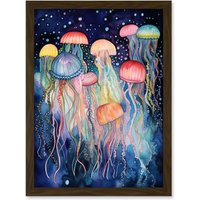 Artery8 Group Of Jellyfish Multicoloured Folk Art Watercolour Painting Artwork Framed Wall Art Print A4 in Brown