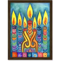 Artery8 Jewish Menorah Candle Patterns Folk Art Watercolour Painting Artwork Framed Wall Art Print A4 in Brown