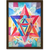 Artery8 Jewish Star Of David Bright Multicoloured Folk Art Watercolour Painting Artwork Framed Wall Art Print A4 in Brown
