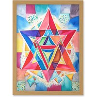 Artery8 Jewish Star Of David Bright Multicoloured Folk Art Watercolour Painting Artwork Framed Wall Art Print A4 in Light Oak
