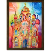 Artery8 Jewish Synagogue Decorated Building Vibrant Folk Art Watercolour Painting Artwork Framed Wall Art Print A4 in Brown