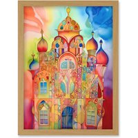 Artery8 Jewish Synagogue Decorated Building Vibrant Folk Art Watercolour Painting Artwork Framed Wall Art Print A4 in Light Oak