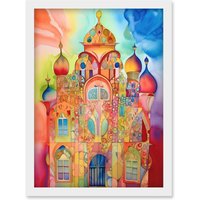 Artery8 Jewish Synagogue Decorated Building Vibrant Folk Art Watercolour Painting Artwork Framed Wall Art Print A4 in White