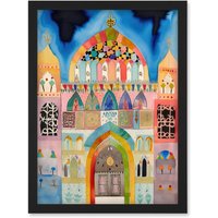 Artery8 Jewish Synagogue Decorated Facade Folk Art Watercolour Painting Artwork Framed Wall Art Print A4 in Black