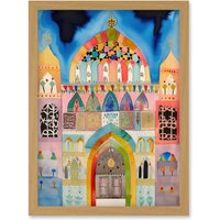 Artery8 Jewish Synagogue Decorated Facade Folk Art Watercolour Painting Artwork Framed Wall Art Print A4 in Light Oak
