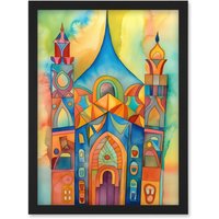 Artery8 Jewish Synagogue Building Multicoloured Folk Art Watercolour Painting Artwork Framed Wall Art Print A4 in Black