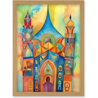 Artery8 Jewish Synagogue Building Multicoloured Folk Art Watercolour Painting Artwork Framed Wall Art Print A4 in Light Oak