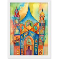 Artery8 Jewish Synagogue Building Multicoloured Folk Art Watercolour Painting Artwork Framed Wall Art Print A4 in White