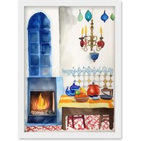 Artery8 Kitchen Fireplace In Traditional Spanish Home Folk Art Watercolour Painting Artwork Framed Wall Art Print A4 in White